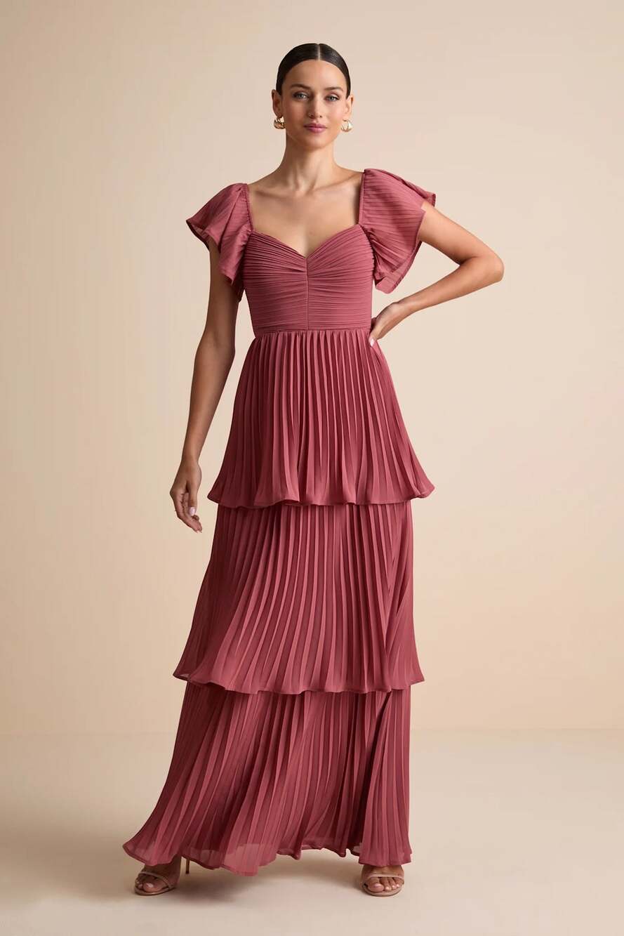 NWOT Lulu's Notorious Charm Rusty Rose Pleated Flutter Sleeve Maxi Dress Size XL